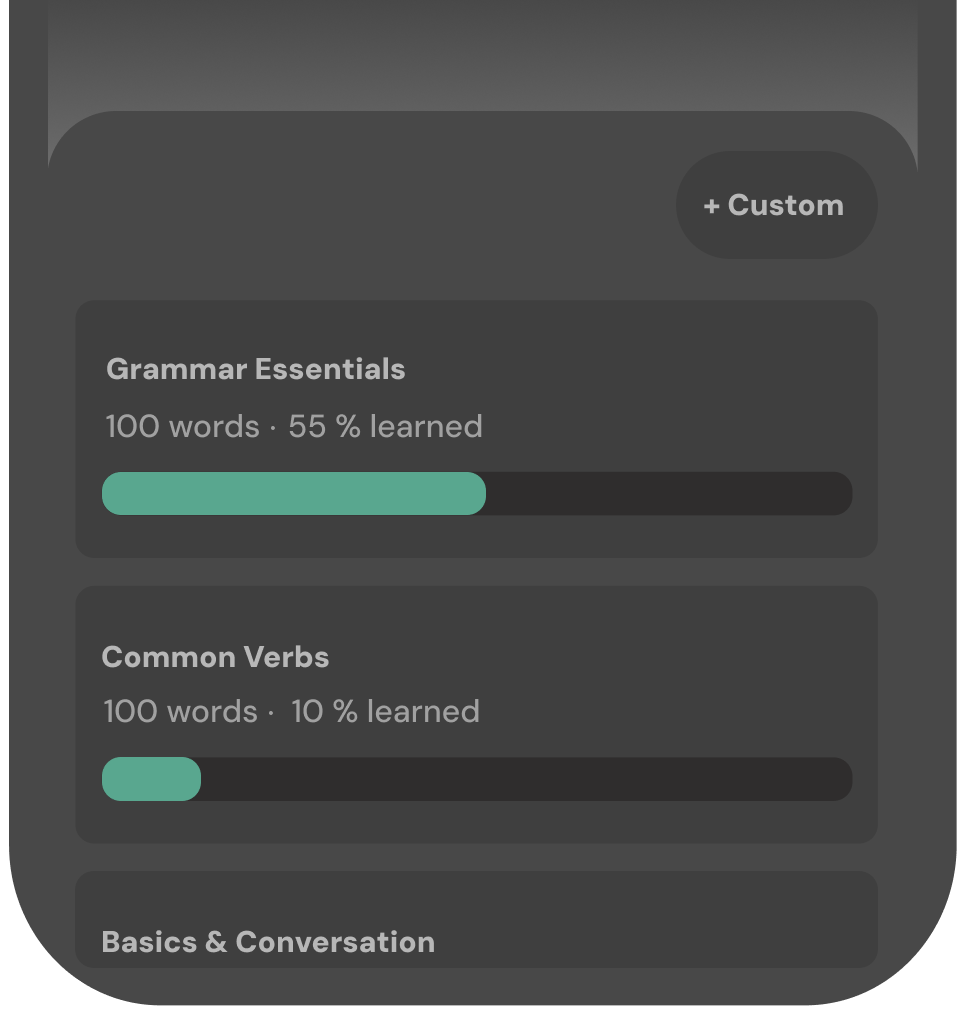 HeyAudio app showing language categories and vocabulary topics