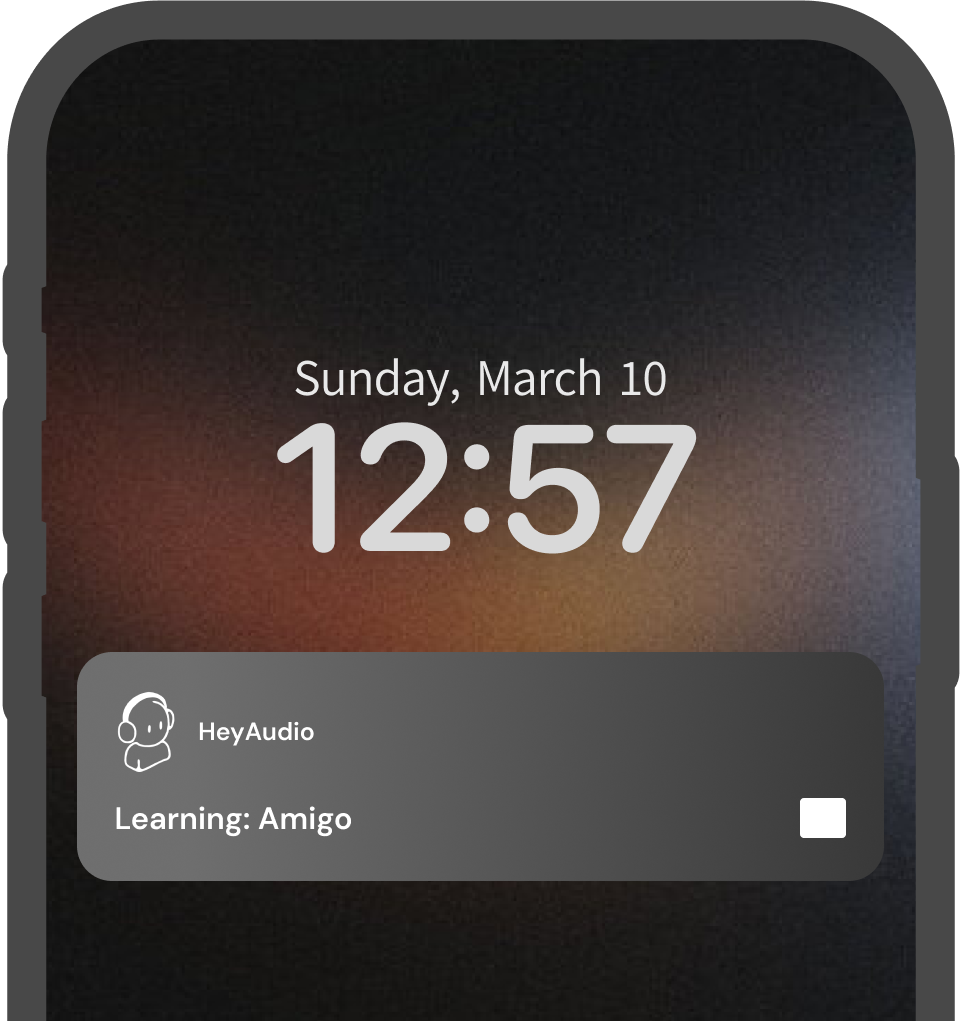 HeyAudio app showing a vocabulary lesson playing on the lock screen